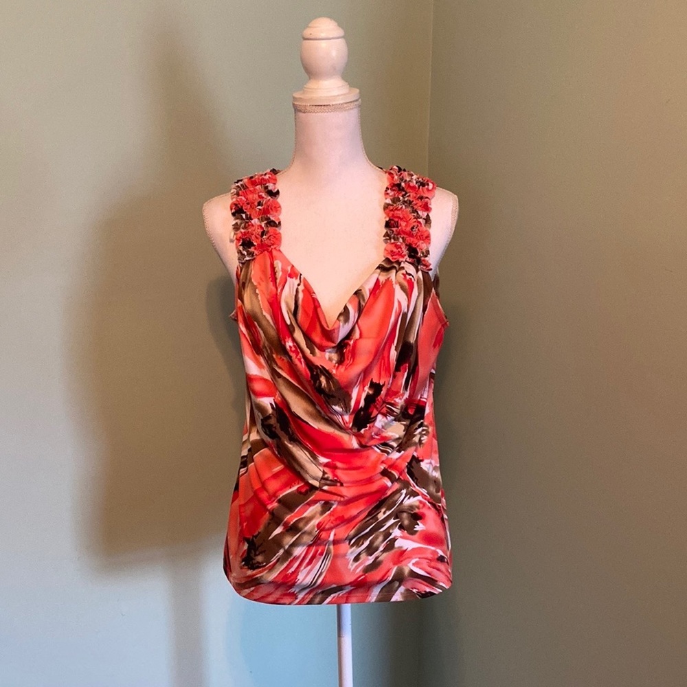 Wrapper Sleeveless Coral Textured Floral Tank Blouse • XL
